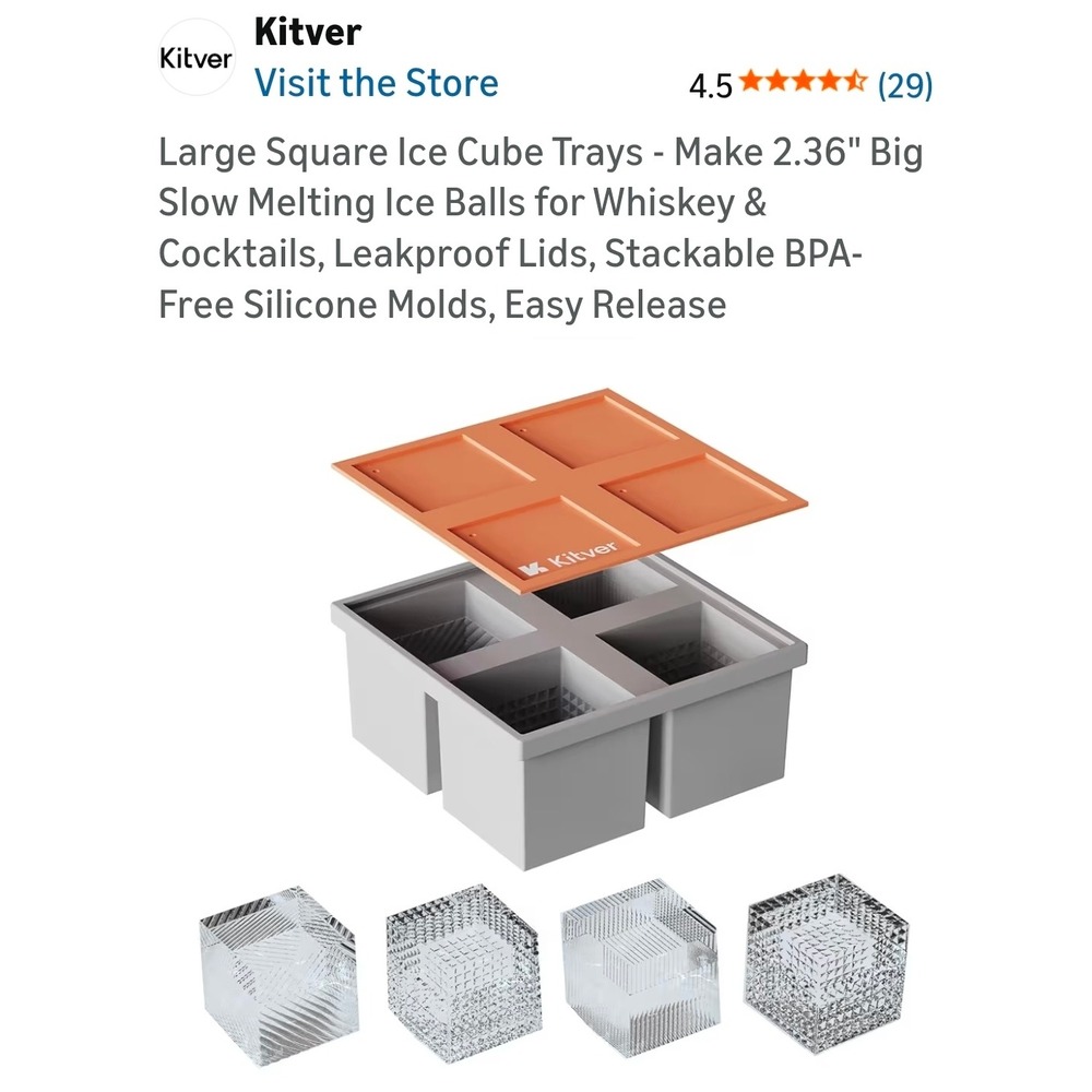 Kitver Big Square Ice Cube‎ Tray Silicone 4-Cell Mold with Lid Grey Orange NEW